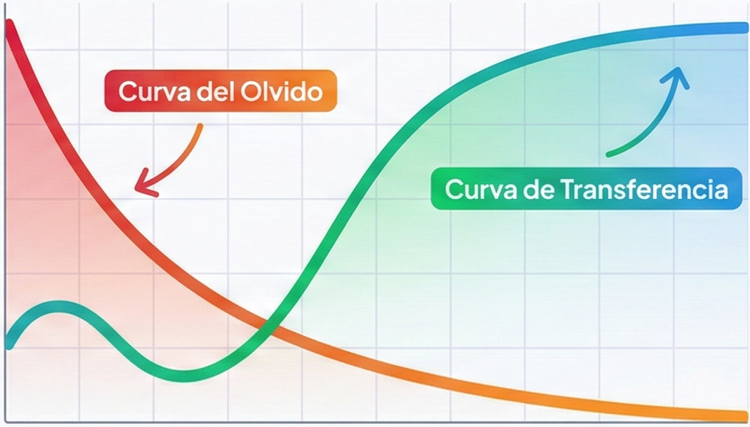 Gráfico de la curva de transferencia al puesto de trabajo: el 70% del conocimiento se pierde sin un proceso de transferencia estructurado. Metodología MAS Consultores.